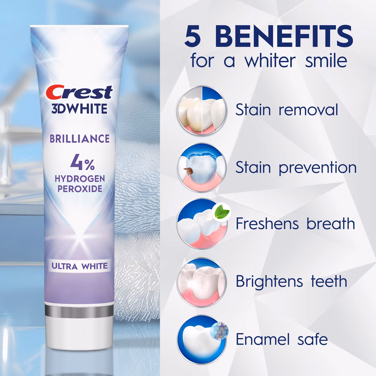 Crest 3D White Brilliance 4% Hydrogen Peroxide Ultra White Toothpaste 3.8 oz - Image 2