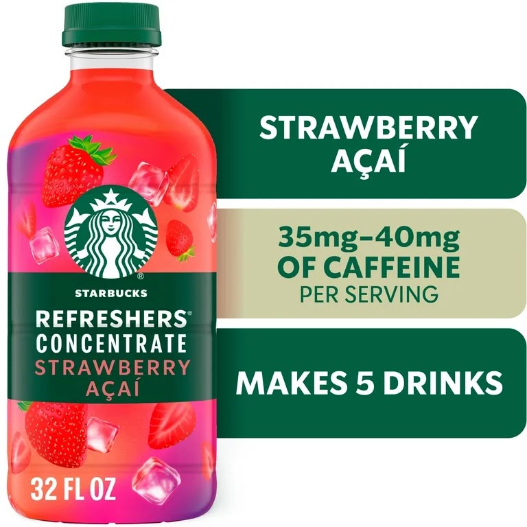 Shop Starbucks Strawberry Açaí Refreshers Concentrate, a 32 fl oz bottle that makes approximately five fruity, caffeinated drinks at home.