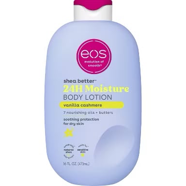 Shop eos Shea Better Vanilla Cashmere Body Lotion for up to 24 hours of lightweight hydration and a warm whipped vanilla, musk and caramel scent.